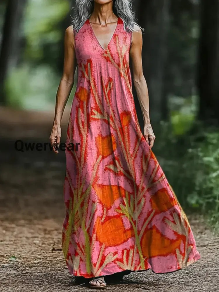 Vintage V-neck Bohemian Floral Print Elegant Chic Loose Midi Dress-DR-F-54 A / S