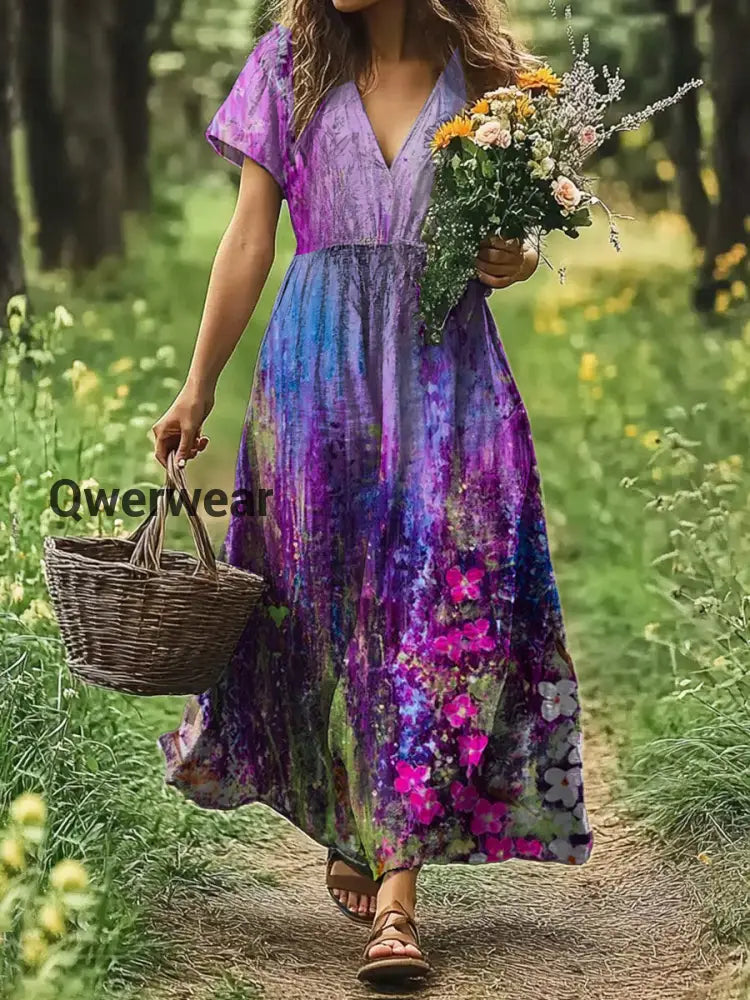 Vintage V-neck Bohemian Floral Print Elegant Chic Loose Midi Dress-DR-F-66 A / S