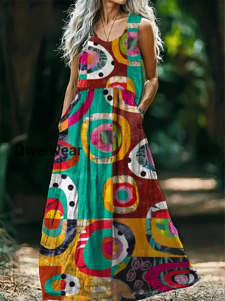 Vintage V-neck Bohemian Geometric art Print Elegant Chic Loose Midi Dress A / S