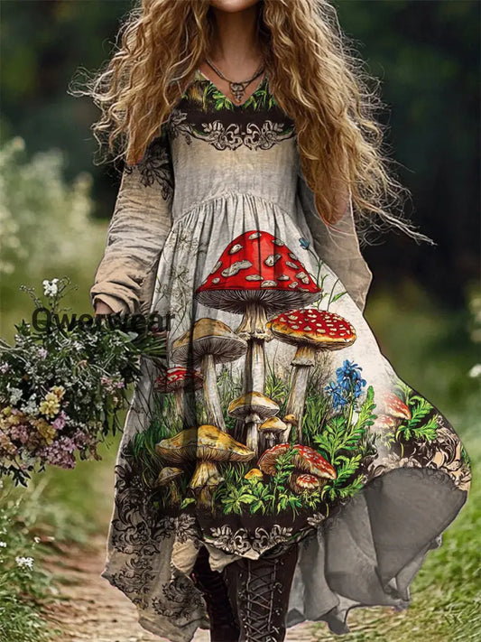 Vintage V-neck Bohemian Mushroom Floral Print Elegant Chic Loose Midi Dress A / S