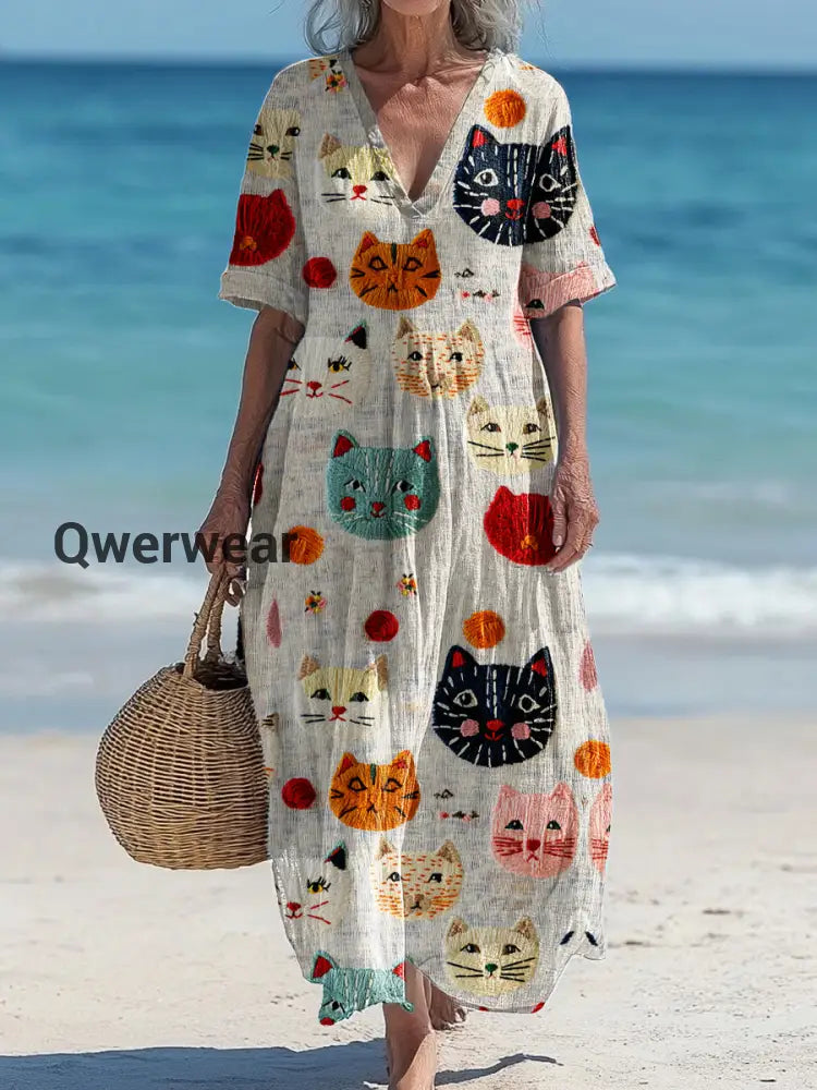 Vintage V-Neck Cat Art Print Elegant And Chic Loose Midi Dress A / S