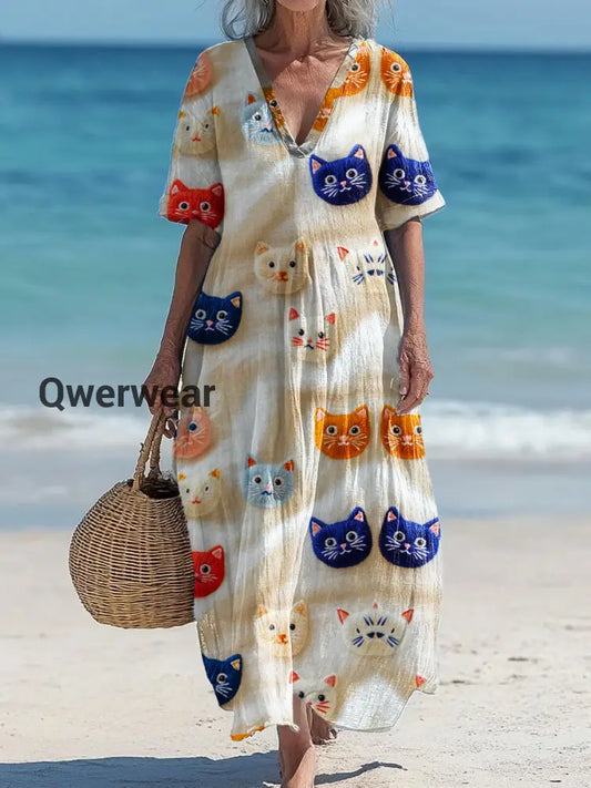 Vintage V-Neck Cat Art Print Elegant And Chic Loose Midi Dress A / S