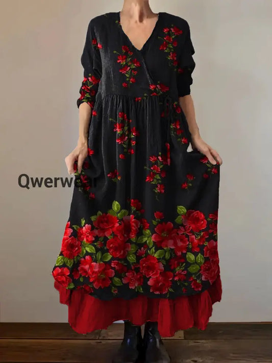 Vintage V-Neck Floral Art Print Elegant And Chic Loose Midi Dress A / S