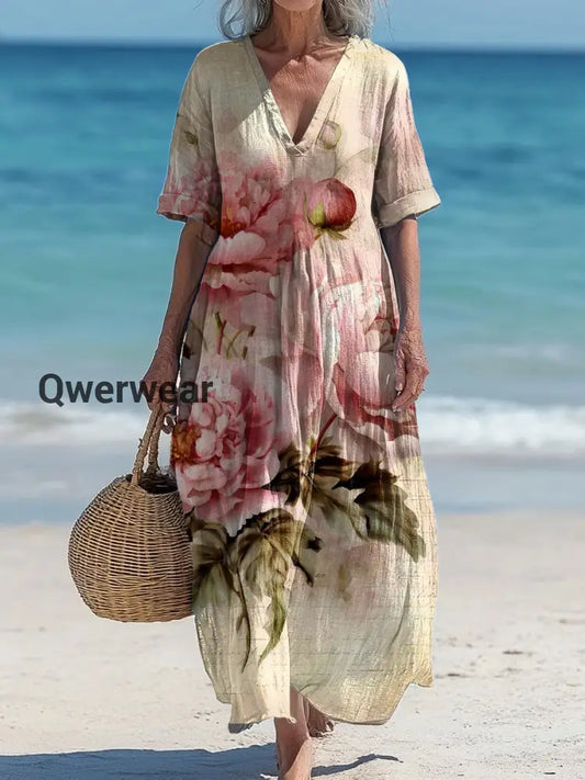 Vintage V-Neck Floral Art Print Elegant And Chic Loose Midi Dress A / S