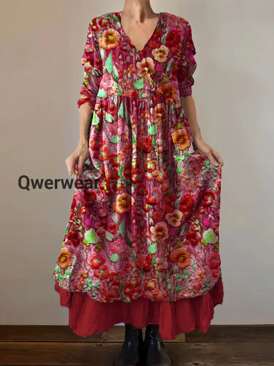VintageV Neck Bohemian Floral Print Elegant Chic Loose Midi Dress A / S