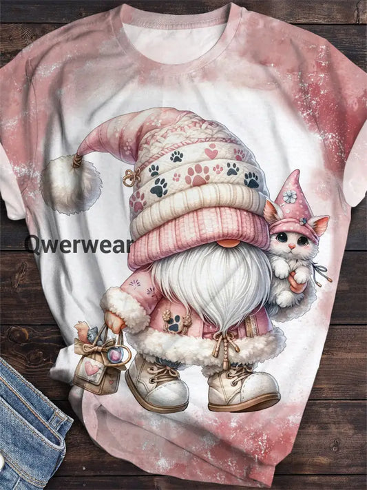 Watercolor Cat Pet Lover Gnome Print T-Shirt multicolor / S Women\’s Tops