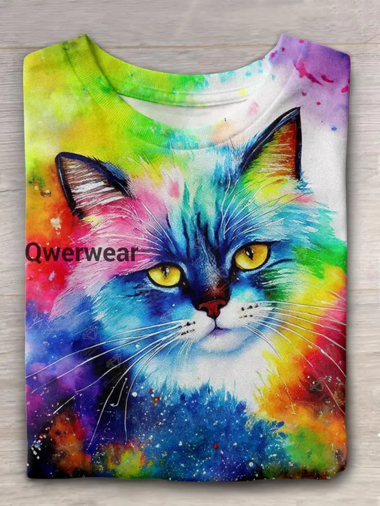Watercolor Rainbow Cat Crew Neck T-shirt Mixed Color / S Women\’s Tops