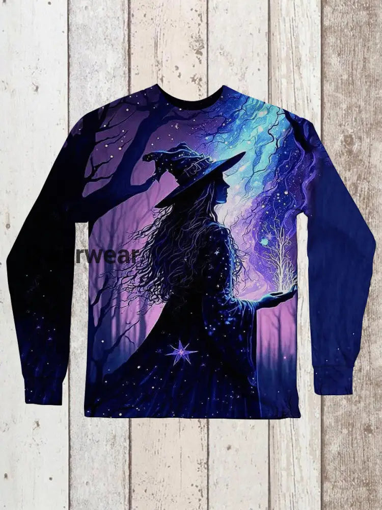 Witch Art Print Unisex Round Neck Long Sleeve Casual T-Shirt Deep Purple / S