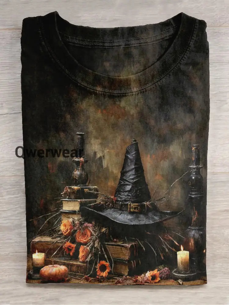 Witch Art Print Unisex Round Neck Short Sleeve Casual T-Shirt Black-Brown / S