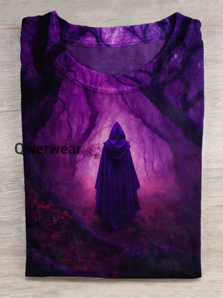 Witch Art Print Unisex Round Neck Short Sleeve Casual T-Shirt Deep Purple / S