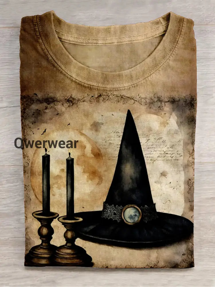 Witch Art Print Unisex Round Neck Short Sleeve Casual T-Shirt Light Brown / S