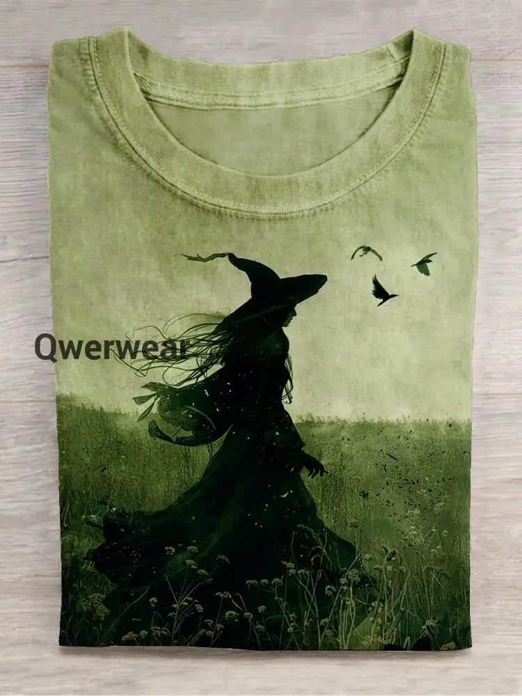 Witch Art Print Unisex Round Neck Short Sleeve Casual T-Shirt Light Green / S