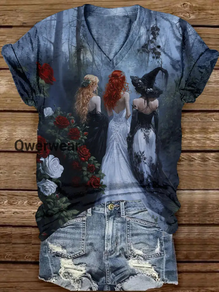 Witch Art Print Unisex V-Neck Casual T-Shirt Dark Grey / S