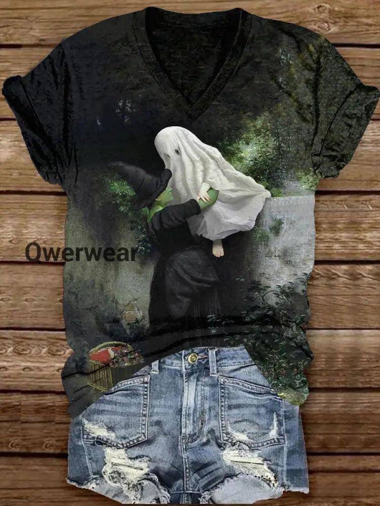 Witch Art Print Unisex V-Neck Short Sleeve Casual T-Shirt Black-Green / S