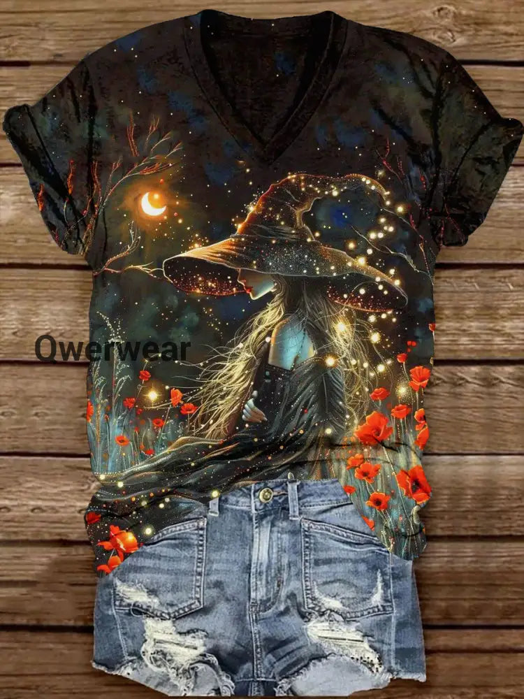 Witch Art Print Unisex V-Neck Short Sleeve Casual T-Shirt Black / S