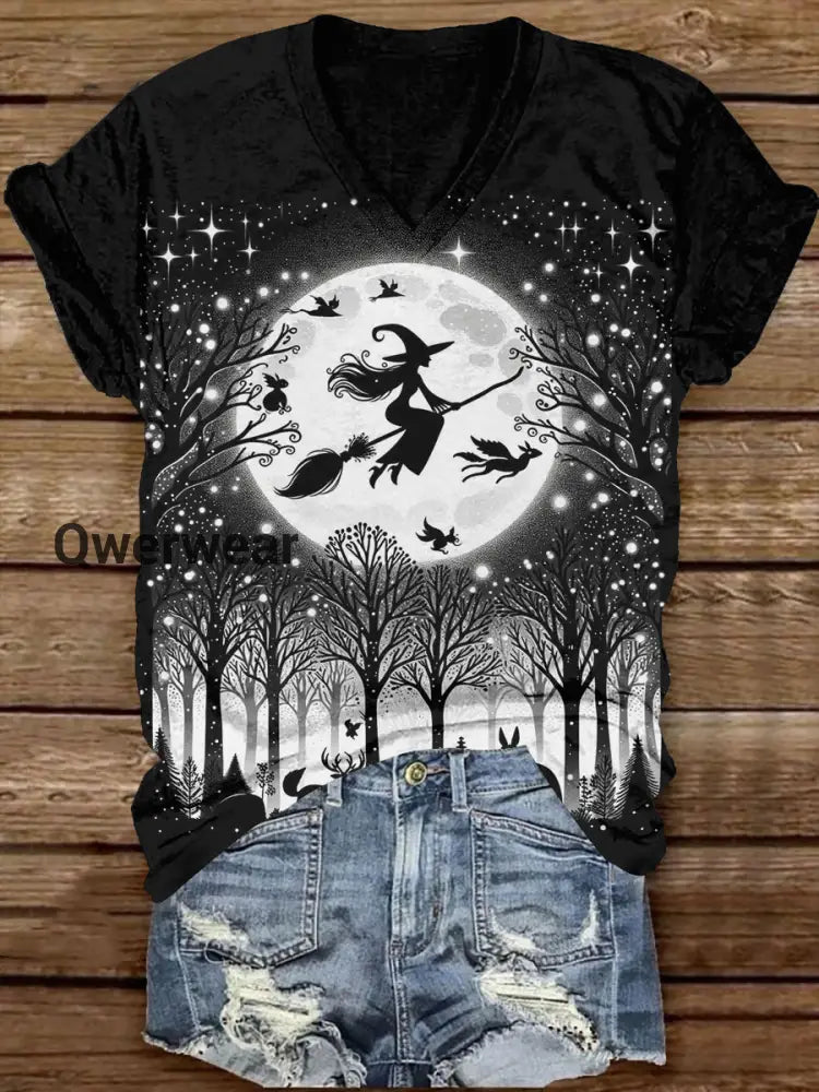 Witch Art Print Unisex V-Neck Short Sleeve Casual T-Shirt Black / S