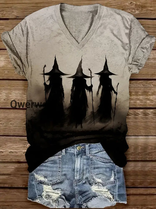 Witch Art Print Unisex V-Neck Short Sleeve Casual T-Shirt Dark Grey / S