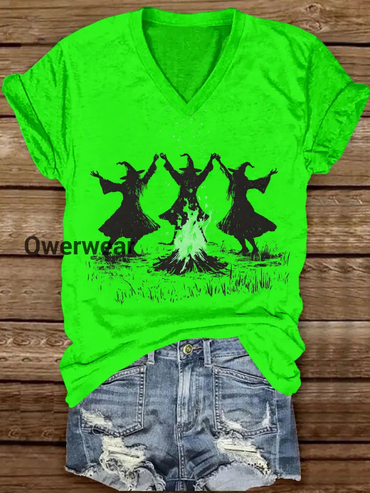 Witch Bonfire Ceremony Dance Art Print Unisex V-neck Short Sleeve Casual T-shirt Green / S