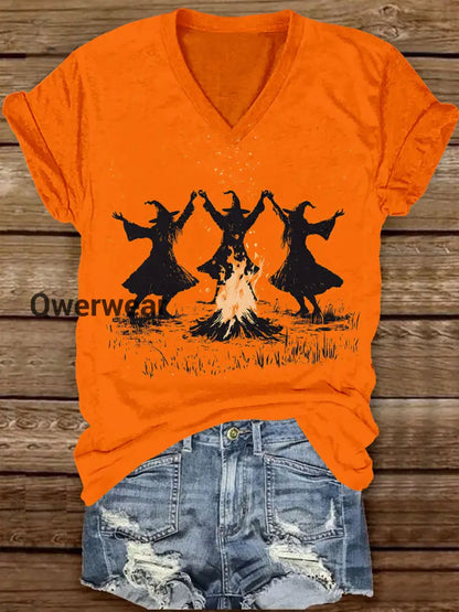 Witch Bonfire Ceremony Dance Art Print Unisex V-neck Short Sleeve Casual T-shirt Orange / S