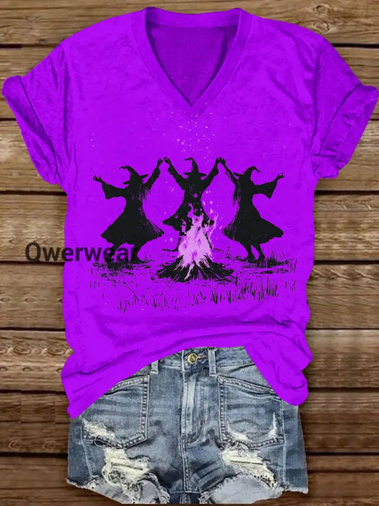 Witch Bonfire Ceremony Dance Art Print Unisex V-neck Short Sleeve Casual T-shirt Purple / S
