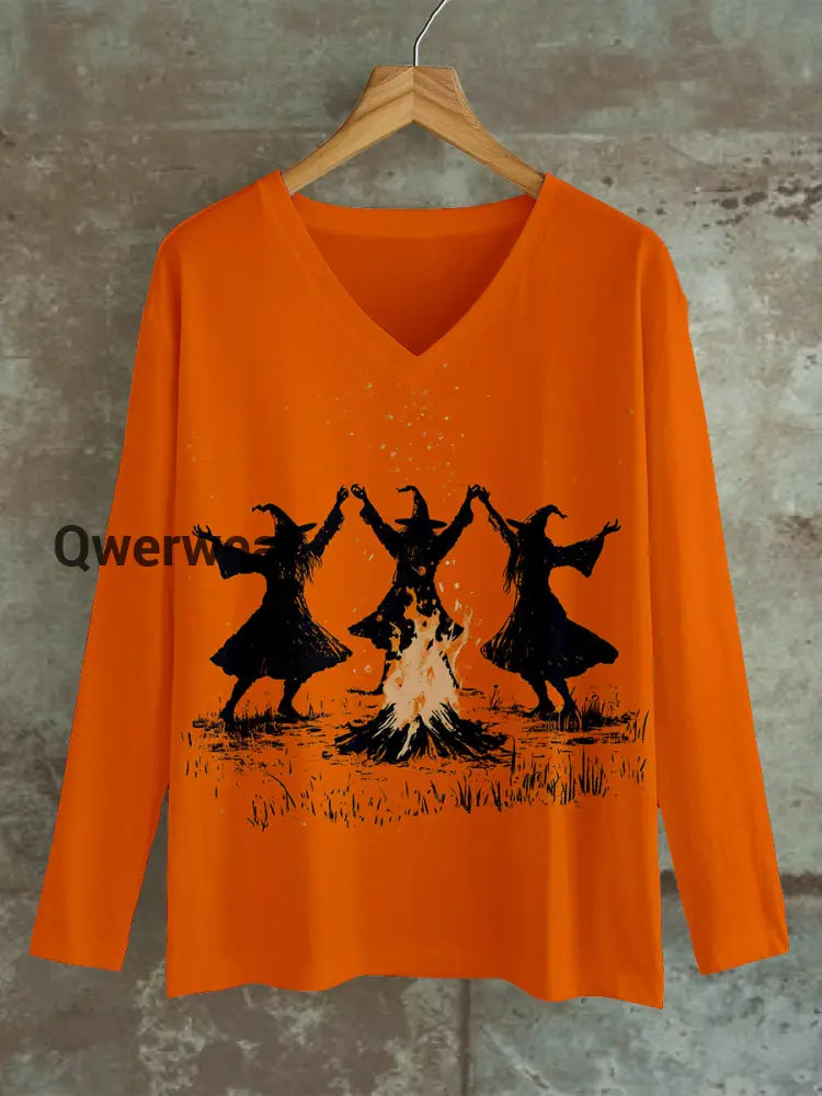 Witch Bonfire Magic Ritual Art Print Unisex V-Neck Long Sleeve Casual T-Shirt Orange / S