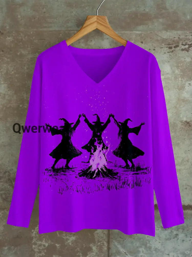 Witch Bonfire Magic Ritual Art Print Unisex V-Neck Long Sleeve Casual T-Shirt Purple / S