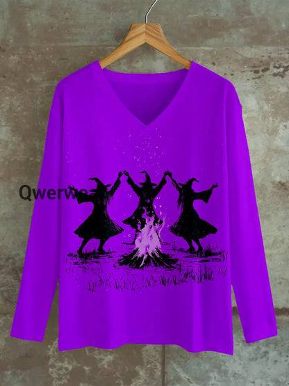 Witch Bonfire Magic Ritual Art Print Unisex V-Neck Long Sleeve Casual T-Shirt Purple / S