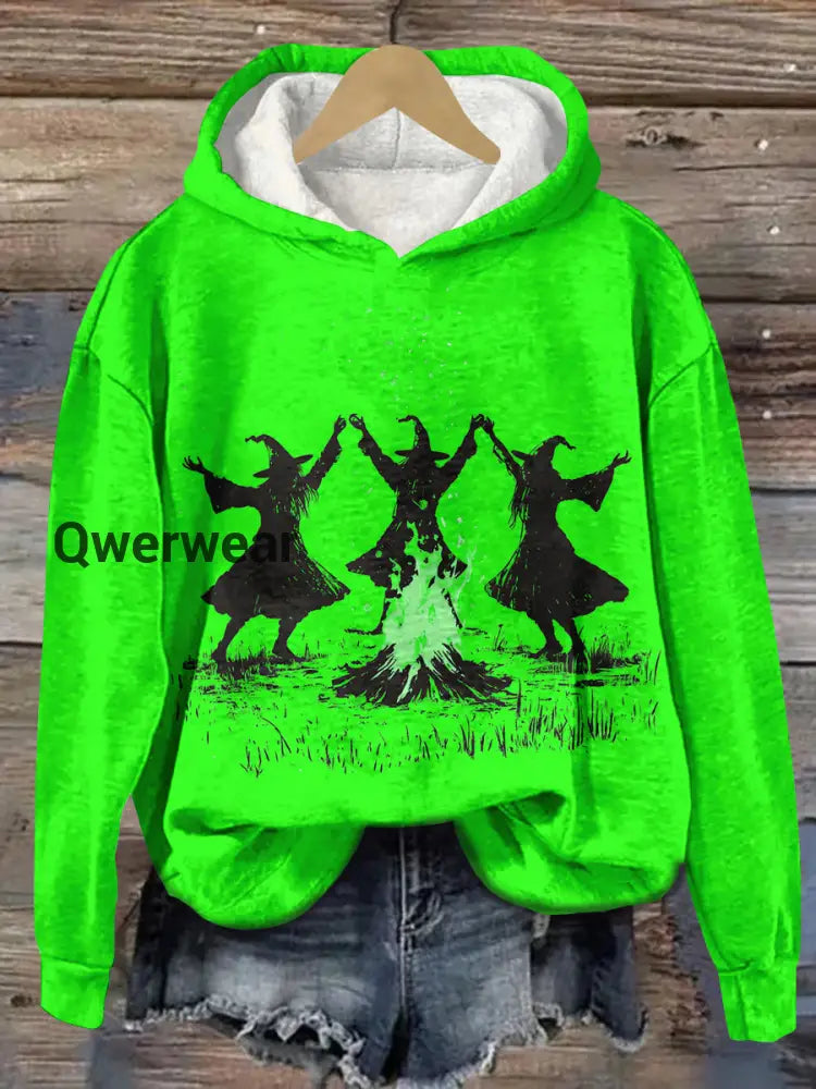 Witch Bonfire Ritual Dance Art Print Unisex Casual Hooded Sweatshirt Green / S
