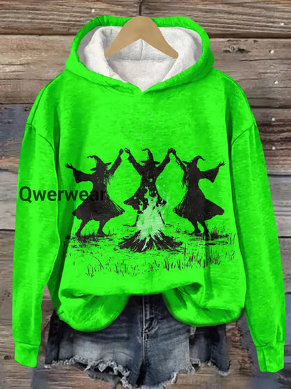 Witch Bonfire Ritual Dance Art Print Unisex Casual Hooded Sweatshirt Green / S