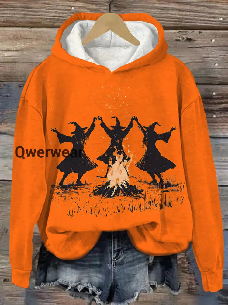 Witch Bonfire Ritual Dance Art Print Unisex Casual Hooded Sweatshirt Orange / S