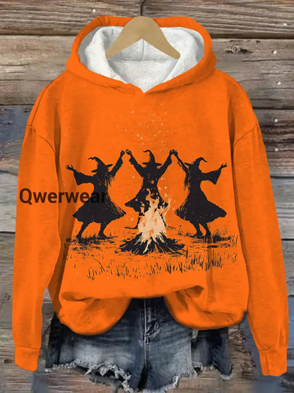 Witch Bonfire Ritual Dance Art Print Unisex Casual Hooded Sweatshirt Orange / S