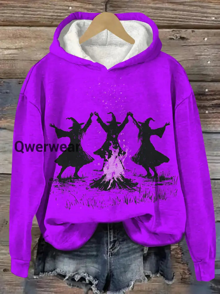 Witch Bonfire Ritual Dance Art Print Unisex Casual Hooded Sweatshirt Purple / S