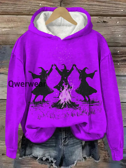 Witch Bonfire Ritual Dance Art Print Unisex Casual Hooded Sweatshirt Purple / S