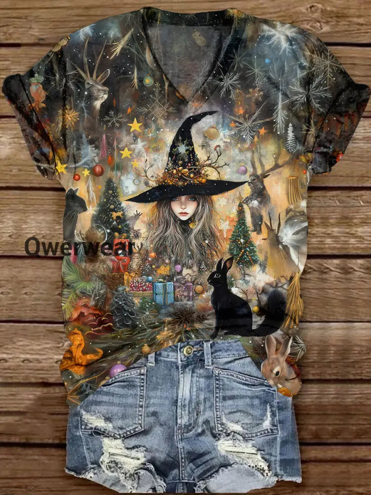 Witch Christmas Art Print Unisex V-Neck Short Sleeve Casual T-Shirt Black-Brown / S