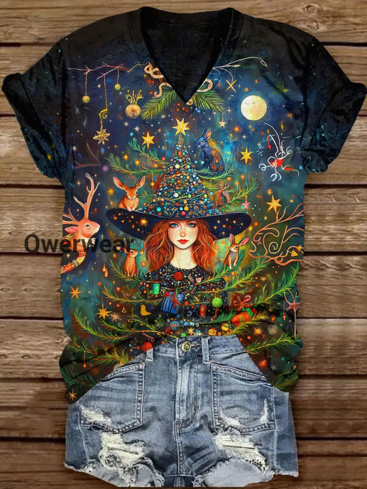 Witch Christmas Art Print Unisex V-Neck Short Sleeve Casual T-Shirt Navy Blue / S