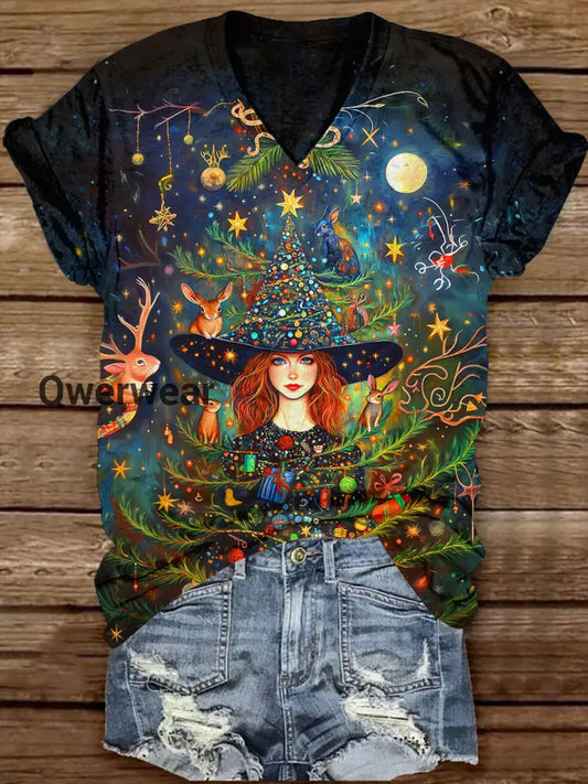 Witch Christmas Art Print Unisex V-Neck Short Sleeve Casual T-Shirt Navy Blue / S