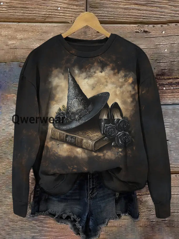 Witch Magic Book Art Print Unisex Crew Neck Long Sleeve Casual Sweatshirt Black-Brown / S