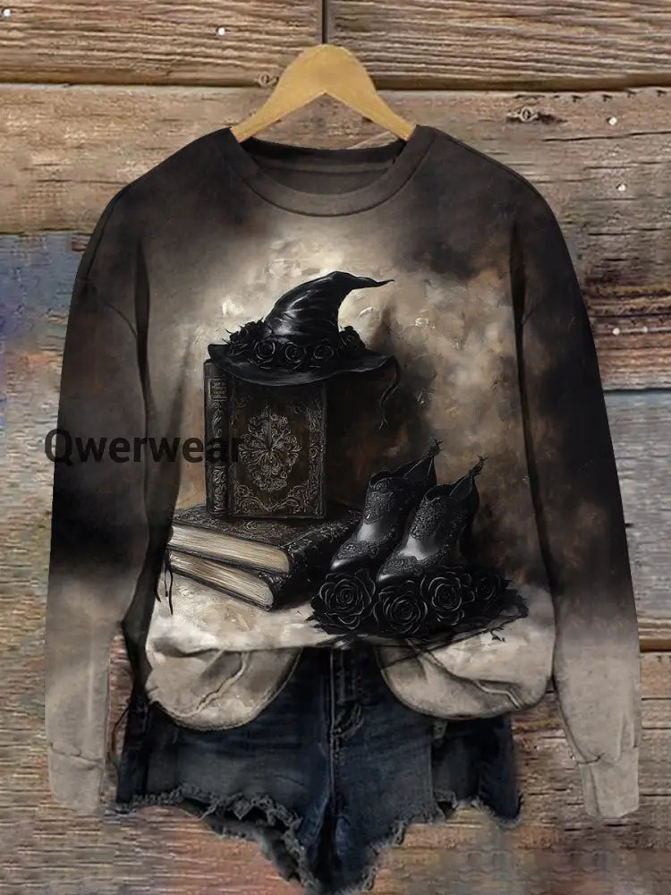 Witch Magic Book Art Print Unisex Crew Neck Long Sleeve Casual Sweatshirt Black-Brown / S