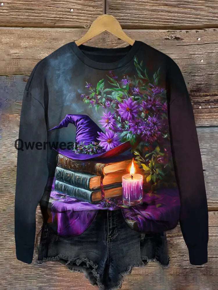Witch Magic Book Art Print Unisex Crew Neck Long Sleeve Casual Sweatshirt Black / S