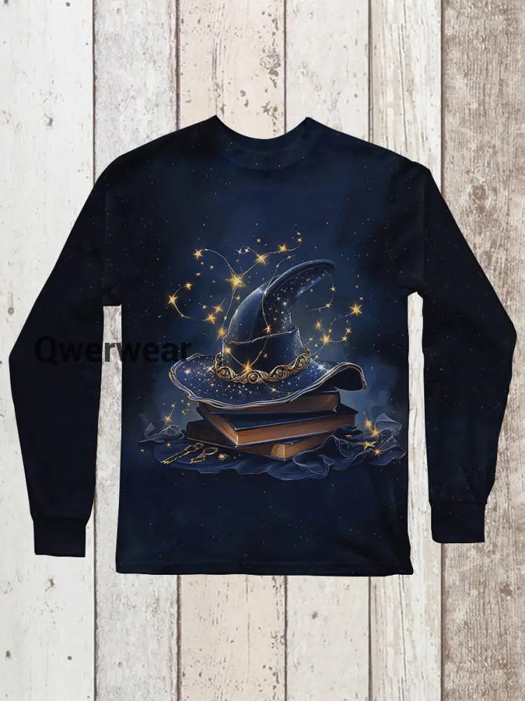 Witch Magic Book Art Print Unisex Crew Neck Long Sleeve Casual T-Shirt Navy Blue / S