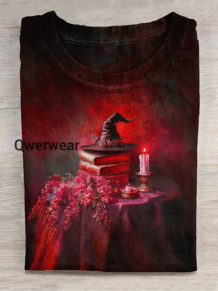 Witch Magic Book Art Print Unisex Round Neck Short Sleeve Casual T-Shirt Black-Red / S