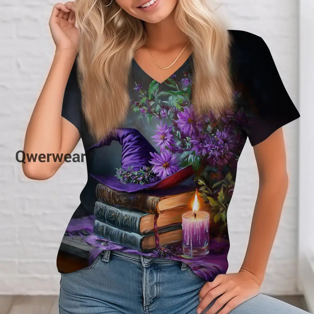 Witch Magic Book Art Print Unisex V-Neck Short Sleeve Casual T-Shirt
