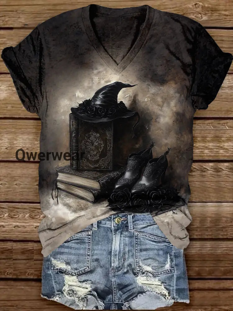Witch Magic Book Art Print Unisex V-Neck Short Sleeve Casual T-Shirt Black-Brown / S
