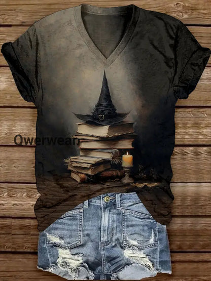 Witch Magic Book Art Print Unisex V-Neck Short Sleeve Casual T-Shirt Black-Brown / S