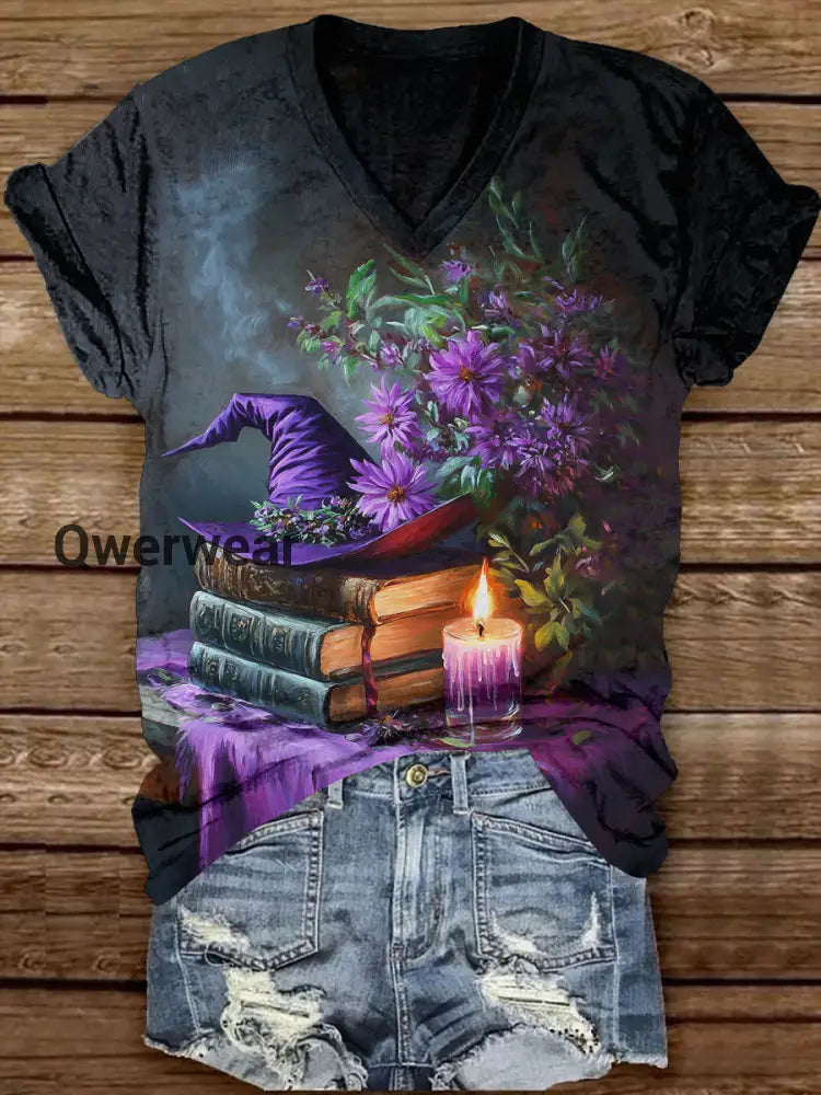 Witch Magic Book Art Print Unisex V-Neck Short Sleeve Casual T-Shirt Black / S