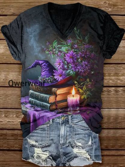 Witch Magic Book Art Print Unisex V-Neck Short Sleeve Casual T-Shirt Black / S