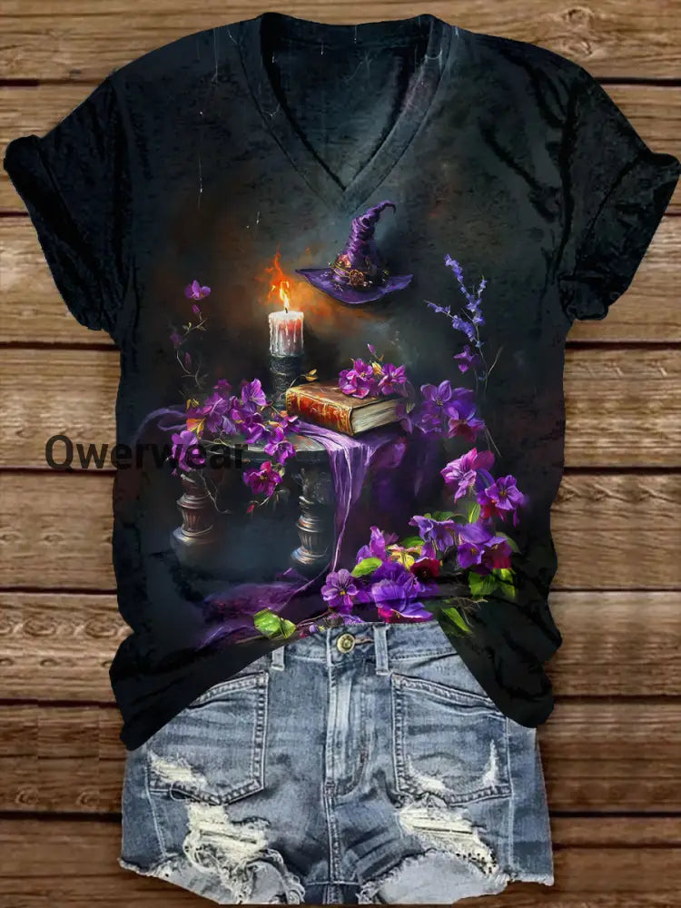 Witch Magic Book Art Print Unisex V-Neck Short Sleeve Casual T-Shirt Black / S
