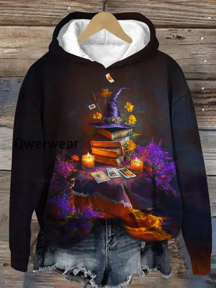 Witch Magic Book Tarot Card Art Print Unisex Long Sleeve Casual Hooded Sweatshirt Black-Brown / S