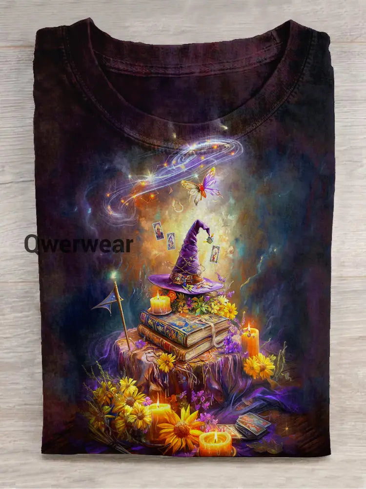 Witch Magic Book Tarot Card Art Print Unisex Round Neck Short Sleeve Casual T-shirt Black-Purple / S