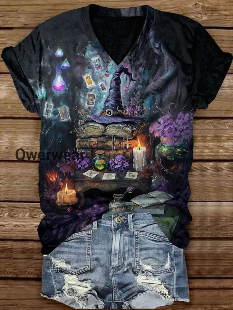 Witch Magic Book Tarot Card Art Print Unisex V-neck Short Sleeve Casual T-shirt Black / S